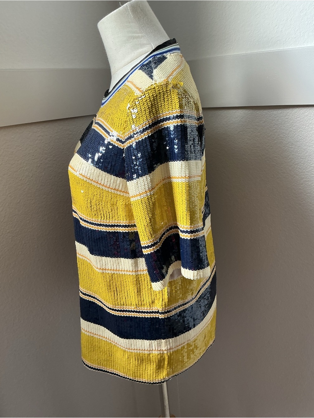 3.1 Phillip Lim Yellow, Navy & Cream Sequin Stripe Short Sleeve Top - Picture 4 of 9